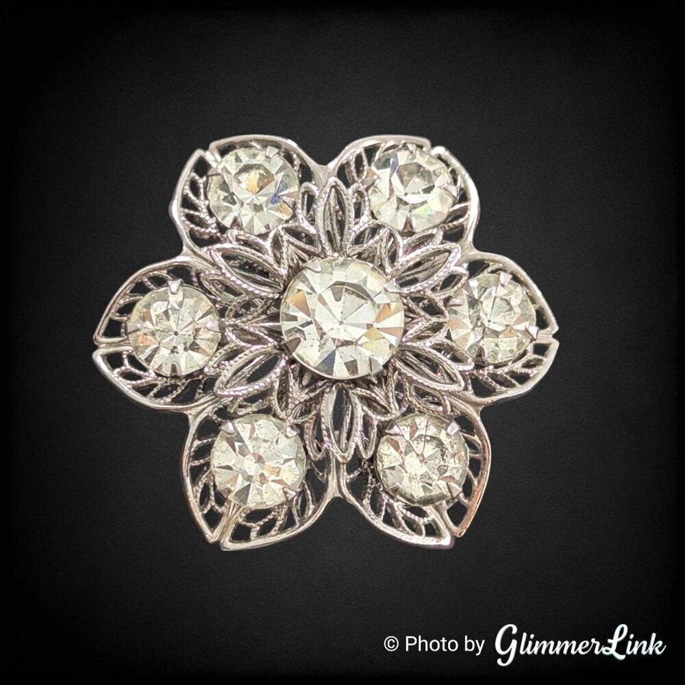 Vintage Rhinestone Flower Brooch Silver Tone Filigree Pin - Clear Sparkly Stones